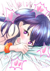 Rule 34 | 1girl, absurdres, bare shoulders, bed sheet, blush, check commentary, commentary, commentary request, drooling, eyelashes, gridman universe, heart, heart-shaped pupils, highres, lying, motion lines, nude, on bed, on stomach, open mouth, orgasm, purple eyes, purple hair, scrunchie, sex, sheet grab, signature, simple background, sketch, soda mizu, spoken heart, ssss.gridman, sweat, symbol-shaped pupils, takarada rikka, turning head, white background, wrist scrunchie