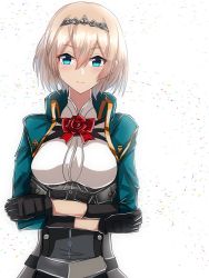 Rule 34 | black gloves, blue eyes, breasts, commentary request, corset, cropped jacket, crossed arms, dress shirt, flower, gloves, highres, kantai collection, large breasts, long hair, military, military uniform, official alternate hair length, official alternate hairstyle, red flower, red rose, roko roko (doradorazz), rose, shirt, simple background, uniform, victorious (kancolle), white background, white shirt