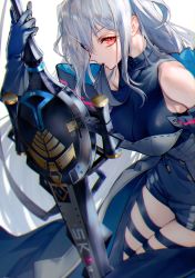 Rule 34 | 1girl, absurdres, arknights, arm cuffs, ascot, black ascot, black cloak, black gloves, black pants, claymore (sword), cloak, elite ii (arknights), from above, gloves, hair between eyes, highres, holding, holding sword, holding weapon, long hair, looking at viewer, pants, red eyes, short shorts, shorts, silver hair, skadi (arknights), skadi (elite ii) (arknights), sleeveless, solo, sword, tarutaru yamaoka, thigh strap, very long hair, weapon