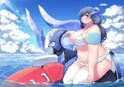 Rule 34 | 1girl, absurdres, animal ears, bikini, blue eyes, blue horns, blue sky, blush, breasts, cleavage, cloud, cloudy sky, collarbone, commentary request, day, fat, feet out of frame, frilled bikini, frills, from side, grey hair, hair over shoulder, highres, horns, huge breasts, large breasts, long hair, looking at viewer, looking to the side, mecha, navel, original, outdoors, parted lips, partially submerged, plump, robot, shadow, sitting, sky, solo, sun, swimsuit, tajyador, thick arms, thick eyebrows, thick thighs, thighhighs, thighs, water, wet, white bikini, white thighhighs