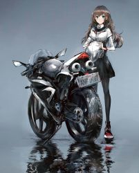 Rule 34 | 1girl, absurdres, aqua eyes, black pantyhose, black skirt, brown hair, closed mouth, full body, grey background, helmet, highres, holding, holding helmet, license plate, long hair, looking at viewer, motor vehicle, motorcycle, motorcycle helmet, pantyhose, puddle, red footwear, reflection, shoes, skirt, smile, sneakers, solo, standing, swav, water