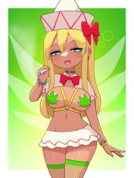 Rule 34 | 1girl, :d, blonde hair, bloodshot eyes, blue eyes, blush, bow, bracelet, breasts, dark skin, fairy wings, fishnet thighhighs, fishnets, gradient background, green background, half-closed eyes, hat, highres, jewelry, joint (drug), large breasts, lily white, long hair, looking at viewer, marijuana, cannabis print, navel, open mouth, red bow, simple background, smile, solo, tan, thighhighs, touhou, wings, zakku (kya--193)