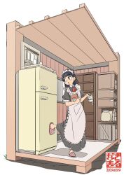 Rule 34 | 1girl, apron, architecture, artist logo, bag, black dress, black hair, bottle, cabinet, cross-section, dated, dress, east asian architecture, frilled apron, frilled headband, frills, harukaze cool, highres, holding, holding bag, holding bottle, maid, maid apron, maid headdress, medium hair, open mouth, original, pink footwear, puffy sleeves, refrigerator, slippers, solo, standing, standing on one leg, window