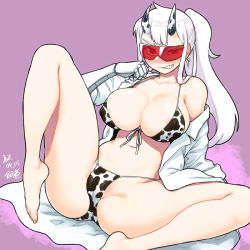Rule 34 | 1girl, animal print, ass, bikini, blush, breasts, cleavage, coat, collarbone, cow girl, cow print, dated, demon girl, demon tail, earrings, front-tie bikini top, front-tie top, goggles, grin, hand up, helltaker, horns, jewelry, knee up, lab coat, large breasts, long hair, long sleeves, looking at viewer, loremaster (helltaker), mechanical arms, navel, necktie, open clothes, open coat, pink background, ponytail, red-tinted eyewear, red-tinted glasses, red goggles, signature, single bare shoulder, single mechanical arm, smile, solo, stomach, sunglasses, sweat, swimsuit, tail, tinted eyewear, tsukudani (coke-buta), visor, white hair