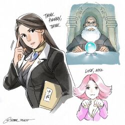 Rule 34 | 1boy, 2girls, :3, ace attorney, april may, beard, black eyes, black jacket, breasts, brown hair, cleavage, connected beard, crystal ball, earrings, english text, facial hair, folder, full beard, highres, holding, holding folder, index finger raised, jacket, jewelry, large breasts, long hair, long sleeves, magatama, meme, mia fey, mole, mole under eye, multiple girls, no nose, parted lips, paw pose, pink hair, pondering my orb (meme), steel peach, the judge (ace attorney), twitter username