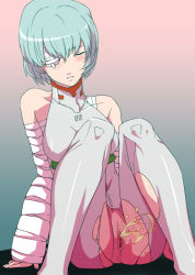 Rule 34 | 1girl, ass, ayanami rei, bandages, bare shoulders, blue hair, blush, breasts, censored, closed eyes, female pubic hair, highres, legs, medium breasts, neon genesis evangelion, nikudango koubou, peeing, plugsuit, pubic hair, pussy, short hair, simple background, sitting, solo, thighs, torn clothes