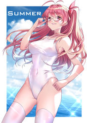 Rule 34 | 1girl, ahoge, breasts, chaos;head, cloud, cloudy sky, glasses, highres, lips, long hair, one-piece swimsuit, pink hair, ribbon, sakihata rimi, science adventure, sky, sparkle, summer, swimsuit, thighhighs, water