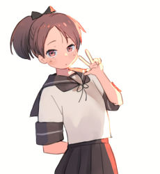 Rule 34 | 1girl, brown eyes, brown hair, brown sailor collar, brown skirt, commentary request, cowboy shot, ima (minitomato123), kantai collection, leaning back, looking at viewer, neckerchief, ponytail, sailor collar, school uniform, serafuku, shikinami (kancolle), simple background, skirt, solo, white background