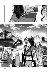 Rule 34 | 1girl, animal ears, animal print, architecture, comic, cow ears, cow horns, cow print, crop top, east asian architecture, fish, greyscale, haori, highres, horns, japanese clothes, long sleeves, midriff, monochrome, mountainous horizon, multicolored hair, page number, short hair, shorts, statue, touhou, two-tone hair, ushizaki urumi, wide sleeves