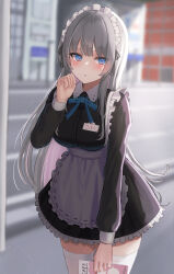 Rule 34 | 1girl, absurdres, apron, aqua ribbon, black dress, black ribbon, blue eyes, blue ribbon, blurry, blurry background, blush, breasts, brick wall, bright pupils, building, clenched hand, collared dress, commentary request, cowboy shot, day, depth of field, dress, english text, frilled apron, frilled dress, frills, grey hair, hair ribbon, highres, holding, holding paper, large breasts, long hair, long sleeves, looking at viewer, maid, maid apron, maid headdress, name tag, neck ribbon, original, outdoors, paper, ribbon, solo, tanshio, thighhighs, white apron, white headdress, white thighhighs