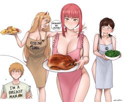 Rule 34 | 1boy, 3girls, absurdres, alternate breast size, apron, artist name, black hair, blonde hair, blush, bread slice, breasts, broccoli, chainsaw man, chicken (food), cleavage, denji (chainsaw man), dismaiden, food, fork, frilled apron, frills, hair between eyes, higashiyama kobeni, highres, holding, holding fork, holding knife, holding plate, horns, knife, large breasts, long hair, looking at another, looking at viewer, makima (chainsaw man), medium breasts, medium hair, multiple girls, naked apron, open mouth, peace symbol, plate, power (chainsaw man), red hair, red horns, shaking, sharp teeth, short hair, sidelocks, simple background, single sidelock, smile, teeth, toast, white background, wide hips, yellow eyes