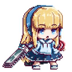 Rule 34 | 1girl, blonde hair, blue eyes, blue hairband, blue skirt, blunt bangs, daidou (yuyu nerica), freedom wars, hairband, highres, holding, holding weapon, long hair, medibang paint (medium), open mouth, pixel art, simple background, skirt, solo, standing, weapon, white background