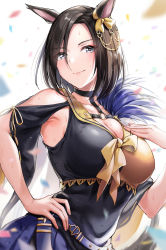 Rule 34 | 1girl, air groove (umamusume), animal ears, armpits, bare shoulders, black choker, black hair, black shirt, blue skirt, blurry, blurry background, bow, breasts, choker, cleavage, closed mouth, clothing cutout, collarbone, commentary request, depth of field, ear bow, eyes visible through hair, forehead, grey eyes, hair over one eye, hand up, highres, horse ears, horse girl, horse tail, kuguri oimo, looking at viewer, medium breasts, o-ring, o-ring top, pleated skirt, shirt, shoulder cutout, skirt, smile, solo, tail, umamusume, yellow bow