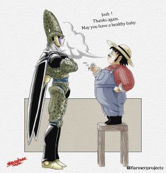 Rule 34 | 2boys, arm hair, black hair, blowing smoke, cell (dragon ball), cigarette, commentary, crossed arms, dragon ball, dragonball z, english commentary, english text, facial hair, farmer (dragon ball), fat, fat man, glasses, hand on own hip, hat, height difference, highres, male focus, multiple boys, mustache, perfect cell, shinsokunotaka, sideburns, signature, smoke, stool, stubble, sun hat, sweatdrop