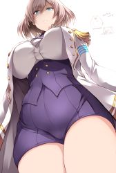 Rule 34 | 1girl, absurdres, blue eyes, breasts, closed mouth, commentary request, epaulettes, from below, frown, grey hair, gridman universe, hair between eyes, highres, jacket, large breasts, long sleeves, looking at viewer, military jacket, mujina, short hair, short shorts, shorts, simple background, solo, ssss.dynazenon, thighs, tsukasawa takamatsu, underbust, white background