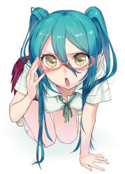 Rule 34 | &gt;:o, 1girl, :o, adjusting eyewear, all fours, annoyed, aqua hair, bad id, bad pixiv id, bespectacled, face, foreshortening, full body, glasses, hair over shoulder, hatsune miku, highres, kneehighs, long hair, looking at viewer, noco (adamas), pleated skirt, ribbon, school uniform, shoes, simple background, skirt, socks, solo, twintails, uwabaki, v-shaped eyebrows, vocaloid, white socks, yellow eyes