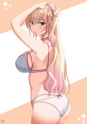 Rule 34 | 1girl, absurdres, adjusting hair, arms up, ass, blonde hair, blush, bra, breasts, cowboy shot, elina (eri15), flower, gradient hair, green eyes, grey bra, grey choker, grey panties, hair flower, hair ornament, highres, hololive, large breasts, long hair, looking back, momosuzu nene, multicolored hair, orange background, panties, pink hair, sideboob, signature, simple background, solo, streaked hair, string, string in mouth, striped, striped background, thighs, tying hair, underwear, underwear only, very long hair, virtual youtuber, white background