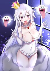 Rule 34 | 1girl, adapted costume, bare shoulders, boo (mario), breasts, cleavage, collarbone, commentary request, cowboy shot, crown, dress, earmuffs, elbow gloves, floating, frilled dress, frills, full moon, gem, ghost, gloves, hands up, highres, large breasts, layered dress, long hair, looking at viewer, luigi&#039;s mansion, mario (series), minato yoshihiro, moon, moonlight, neck garter, new super mario bros. u deluxe, night, night sky, nintendo, open mouth, pointy ears, princess king boo, purple eyes, see-through, sharp teeth, sidelocks, sky, smile, straight hair, strapless, strapless dress, super crown, teeth, thighs, tongue, tongue out, upper teeth only, uvula, very long hair, white dress, white gloves, white hair, window