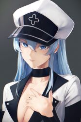 Rule 34 | 1girl, absurdres, akame ga kill!, alaskastomatoez, black choker, blue eyes, blue hair, breasts, choker, cleavage, collared shirt, colored eyelashes, esdeath, grey background, hair between eyes, hand up, hat, highres, large breasts, light blue hair, long hair, looking at viewer, parted lips, peaked cap, shirt, solo, straight hair, thick eyelashes, upper body, white hat