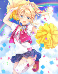 Rule 34 | 1girl, ayase eli, birthday, blonde hair, blue eyes, checkered clothes, checkered skirt, cloud, cloudy sky, commentary request, confetti, day, heart, highres, long hair, looking at viewer, love live!, love live! school idol project, miniskirt, mogu (au1127), pom pom (cheerleading), ponytail, rainbow, scrunchie, short sleeves, skirt, sky, solo, vest, white legwear, white scrunchie, wristband