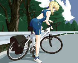 Rule 34 | 00s, 1girl, ahoge, alternate costume, artoria pendragon (all), artoria pendragon (fate), ass, back, bare shoulders, bicycle, biker clothes, bikesuit, blonde hair, bodysuit, chevrolet, cloud, day, fate/stay night, fate (series), from side, full body, green eyes, guard rail, hair bun, hair ribbon, head tilt, leaning forward, leg lift, light smile, logo, looking at viewer, looking back, outdoors, ribbon, riding, road, saber (fate), shoes, short hair, short hair with long locks, sidelocks, single hair bun, sky, smile, sneakers, socks, solo, spandex, tree, unitard, wristband