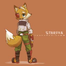 Rule 34 | 1boy, ao (blue bunny), belt, boots, fingerless gloves, fox mccloud, furry, gloves, green eyes, headset, jacket, looking back, nintendo, simple background, smile, star fox, tail, text focus