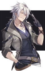 Rule 34 | 1boy, ;), achan (blue semi), belt, belt buckle, black gloves, buckle, closed mouth, coat, coin, cowboy shot, crow armbrust, eiyuu densetsu, falcom, fur trim, gloves, hair between eyes, hand in pocket, highres, holding, holding coin, jewelry, male focus, necklace, one eye closed, pendant, red eyes, sen no kiseki, shirt, short hair, silver hair, simple background, sleeves rolled up, smile, solo, vest, wrist straps
