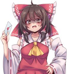 Rule 34 | 1girl, anger vein, angry, ascot, blush, bow, breasts, brown eyes, brown hair, commentary request, detached sleeves, frilled bow, frilled hair tubes, frills, hair bow, hair tubes, hakurei reimu, hand on own hip, highres, holding, holding letter, letter, long hair, looking at viewer, love letter, open mouth, red bow, red skirt, ribbon-trimmed sleeves, ribbon trim, simple background, siw0n, skirt, skirt set, solo, textless version, touhou, white background, yellow ascot