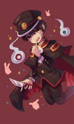 Rule 34 | 1boy, animal, black cape, black capelet, black hair, black headwear, cape, capelet, gakuseibou, ghost, hair between eyes, hanako (jibaku shounen hanako-kun), hat, hitodama, holding, holding knife, holding weapon, jibaku shounen hanako-kun, knife, lunaticmed, male focus, multicolored cape, multicolored capelet, multicolored clothes, open mouth, rabbit, red background, red cape, red capelet, simple background, smile, talisman, teeth, two-tone cape, two-tone capelet, upper teeth only, weapon, yellow eyes