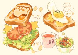Rule 34 | blush, blush stickers, bowl, bread, bread slice, cheese, closed eyes, closed mouth, coffee, commentary request, confetti, confetti ball, cup, egg (food), food, food focus, fried egg, fried egg on toast, hitofutarai, kirby, kirby (series), lettuce, maxim tomato, mug, nintendo, no humans, salad, sandwich, simple background, smile, star (symbol), toast, tomato, tomato slice, yellow background