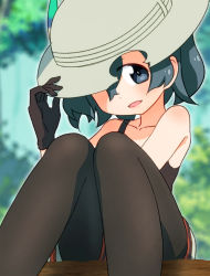 Rule 34 | 10s, 1girl, artistic error, bare shoulders, black eyes, black gloves, black pantyhose, black tank top, blurry, blurry background, collarbone, commentary request, eyes visible through hair, gloves, green hair, hair between eyes, hand on headwear, hat, hat over one eye, highres, kaban (kemono friends), kemono friends, looking at viewer, no shirt, one eye covered, pantyhose, pantyhose under shorts, parted lips, sat-c, short hair, shorts, sitting, smile, solo, tank top, white hat