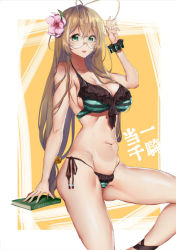 Rule 34 | 1girl, antenna hair, arrow (projectile), bikini, blush, book, breasts, brown hair, cleavage, glasses, green eyes, hair bobbles, hair ornament, ikkitousen, large breasts, long hair, low-tied long hair, navel, open mouth, ryuubi gentoku, solo, swimsuit, very long hair