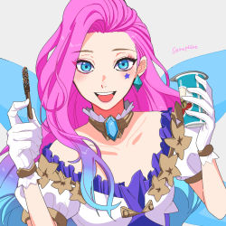 Rule 34 | 1girl, :d, blue eyes, breasts, candy, collarbone, detached collar, earrings, food, gloves, grey background, hiyari (hiyarilol), holding, holding food, jewelry, large breasts, league of legends, long hair, looking at viewer, off shoulder, open mouth, pink hair, puffy short sleeves, puffy sleeves, seraphine (league of legends), short sleeves, simple background, smile, solo, star tattoo, tattoo, teeth, tongue, upper teeth only, white gloves