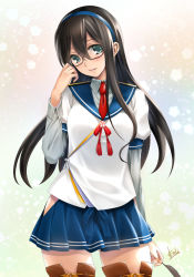 Rule 34 | 1girl, adjusting eyewear, black hair, blue eyes, blue hairband, blue ribbon, blue skirt, boots, brown hair, commentary request, cowboy shot, feathers, flower, glasses, green background, green eyes, hairband, hip vent, kantai collection, long hair, long sleeves, looking at viewer, mitarashi kousei, necktie, ooyodo (kancolle), parted lips, pleated skirt, puffy short sleeves, puffy sleeves, red necktie, red ribbon, revision, ribbon, school uniform, semi-rimless eyewear, serafuku, short sleeves, skirt, solo, tassel, thigh boots, thighhighs, under-rim eyewear, zettai ryouiki