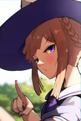 Rule 34 | 1girl, absurdres, blurry, blurry background, blurry vision, blush, brown hair, commentary request, hair rings, hat, highres, long hair, looking at viewer, no 842, pointing, pointing at viewer, purple eyes, school uniform, solo, sweep tosho (umamusume), tracen school uniform, tsundere, umamusume, witch hat