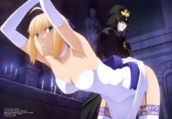 Rule 34 | 2girls, absurdres, ahoge, angry, armpits, artoria pendragon (all), artoria pendragon (fate), bent over, blonde hair, bow, candle, candlestand, cape, choker, clothes lift, dress, dress lift, elbow gloves, fate/stay night, fate (series), from below, garter straps, gloves, hair bow, highres, hood, indoors, looking back, medea (fate), megami magazine, multiple girls, official alternate costume, official art, restrained, saber (fate), scan, shimabukuro ricardo, short hair, smile, statue, sweatdrop, thighhighs, white dress, white gloves, white legwear