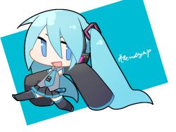 Rule 34 | 1girl, :d, akira (meltyhip), black skirt, black thighhighs, blue eyes, blue hair, blue necktie, chibi, commentary request, detached sleeves, full body, grey shirt, hair between eyes, hatsune miku, headphones, jaggy lines, long hair, looking at viewer, miniskirt, necktie, open mouth, pleated skirt, shirt, signature, skirt, sleeves past fingers, sleeves past wrists, smile, solo, thighhighs, twintails, very long hair, vocaloid