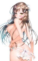 Rule 34 | 10s, 1girl, aile (crossroads), ass, back, blush, breasts, brown hair, butt crack, female focus, gakkou gurashi!, large breasts, long hair, looking at viewer, looking back, mole, mole under eye, one side up, panties, panties only, panty pull, see-through, simple background, solo, topless, underwear, underwear only, very long hair, wakasa yuuri, white panties, yellow eyes