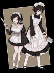 Rule 34 | 1boy, 1girl, andrew graves, apron, artist request, ashley graves, black footwear, black hair, breasts, cleaver, green eyes, highres, holding, holding knife, knife, looking at another, maid, maid apron, maid headdress, pink eyes, siblings, socks, the coffin of andy and leyley, trap, white socks