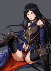 Rule 34 | 1girl, armor, armored dress, ass, bare shoulders, black hair, blue eyes, boots, breastplate, bridal gauntlets, castlevania (series), castlevania: order of ecclesia, come hither, konami, long hair, looking at viewer, panties, rakusai (saisai garou), shanoa, sitting, skirt, smile, solo, tattoo, thighhighs, underwear