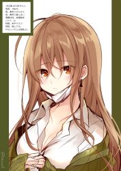 Rule 34 | 1girl, blush, breasts, brown eyes, brown hair, cleavage, closed mouth, collarbone, collared shirt, earrings, fukunoki tokuwa, green background, green jacket, hair between eyes, highres, jacket, jewelry, long hair, long sleeves, mask, mask pull, medium breasts, mouth mask, off shoulder, open clothes, open jacket, original, own hands together, shindan maker, shirt, sleeves past wrists, solo, surgical mask, translation request, twitter username, two-tone background, white background, white shirt