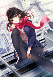 Rule 34 | 1girl, bird, black hair, black pantyhose, blazer, blue jacket, breath, brown eyes, cardigan, dated, dutch angle, foot out of frame, highres, jacket, knee up, long hair, long sleeves, original, outdoors, pantyhose, parted lips, red scarf, sanbasou, scarf, school uniform, shirt, sitting, smile, solo, stairs, watermark, white shirt