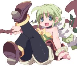 Rule 34 | 1girl, :d, ahoge, black choker, black pantyhose, blue eyes, boots, breasts, brown footwear, choker, cleavage, green hair, high heel boots, high heels, highres, holding, holding staff, leg up, looking at viewer, medium breasts, open mouth, pantyhose, ribbon, saga, saga frontier 2, simple background, sitting, smile, solo, staff, star (symbol), star in eye, symbol in eye, virginia knights, white background, wristband, yellow ribbon, zankuro