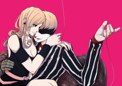 1boy 1girl alan_gabriel angel_(big_o) atgrbread black_dress breasts brown_hair chair choker cleavage clothing_cutout dress earrings eye_mask eyelashes fingernails hand_on_another&#039;s_hip hetero highres hug jacket jewelry long_hair long_sleeves necktie pink_background pink_choker pink_nails prosthesis prosthetic_arm red_lips red_shirt ring shirt shoulder_cutout sitting sitting_on_lap sitting_on_person smile string string_of_fate striped_clothes striped_jacket the_big_o white_necktie