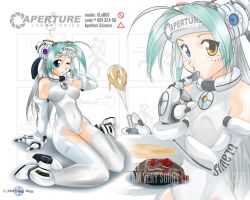 Rule 34 | 1girl, aqua hair, baking, batter, blue eyes, cake, cake batter, cameltoe, elbow gloves, english text, food, glados, glados-tan, gloves, green hair, hat, heterochromia, hoihoisan (artist), kneeling, licking, licking finger, meme, one eye closed, pastry, personification, portal (series), portal 1, sitting, spandex, spoilers, tasting, the cake is a lie (meme), thighhighs, wallpaper, whisk, wink, yellow eyes, young wang