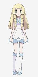 Rule 34 | 1girl, bad id, bad twitter id, blonde hair, braid, closed mouth, commentary request, creatures (company), dress, frown, full body, game freak, green eyes, highres, lillie (pokemon), long hair, looking at viewer, nintendo, pokemon, pokemon sm, sleeveless, sleeveless dress, solo, standing, twin braids, white dress, yoshi (moco1)