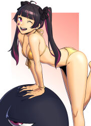 Rule 34 | 1girl, ;d, ahoge, ass, bent over, bikini, black hair, blunt bangs, bow, bracelet, breasts, dyun, earrings, facial mark, from side, gold bikini, hair bow, highres, jewelry, leaning on animal, long hair, looking at viewer, medium breasts, multicolored hair, one eye closed, open mouth, original, purple eyes, purple hair, smile, solo, star (symbol), star in eye, streaked hair, stud earrings, swimsuit, symbol in eye, teeth, twintails