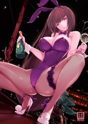 Rule 34 | 1girl, alcohol, animal ears, bar (place), bare shoulders, blush, bottle, breasts, cleavage, cup, detached collar, drinking glass, fake animal ears, fate/grand order, fate (series), fishnet pantyhose, fishnets, gae bolg (fate), hair between eyes, highleg, highleg leotard, highres, large breasts, leotard, long hair, looking at viewer, nekomimipunks, official alternate costume, pantyhose, playboy bunny, polearm, purple hair, purple leotard, rabbit ears, red eyes, scathach (fate), scathach (piercing bunny) (fate), solo, spear, squatting, thighs, weapon, wine, wine bottle, wine glass, wrist cuffs