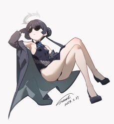 Rule 34 | 1girl, airseal, armpits, black dress, black footwear, black gloves, black hair, black jacket, blue archive, breasts, china dress, chinese clothes, crossed legs, dated, double bun, dragon print, dress, gloves, hair bun, halo, highres, jacket, kisaki (blue archive), off shoulder, pinstripe jacket, pinstripe pattern, print dress, signature, small breasts, solo, striped, sunglasses, thighs, twintails