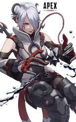 Rule 34 | 1girl, absurdres, animification, apex legends, black bodysuit, black footwear, blood moon catalyst, bodysuit, cable, catalyst (apex legends), clothing cutout, colored inner hair, copyright name, flat chest, gloves, grey eyes, grey hair, hair behind ear, hair over one eye, highres, invisible chair, jacket, kirishima kate, armored boots, multicolored hair, official alternate costume, red gloves, red hair, short hair, shoulder cutout, sitting, sleeveless, sleeveless jacket, smile, solo, white background, white jacket